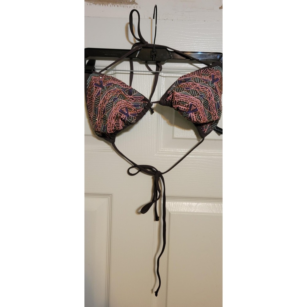 Twenty-Nine Embroidered Beaded Triangle‎ Bikini Top Brown Pink XL Boho Halter